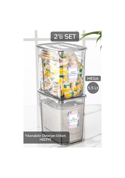 Meleni Home 2'li Mega Etiketli Deterjan Saklama Kutusu Lena Pratik Kapaklı Tablet Deterjan Saklama Kabı 2x5,5 Lt