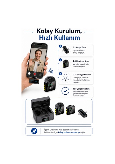Kablosuz Tüylü Siyah Yaka Mikrofonu 1 Alıcı 2 Verici Şarj Kutulu Dijital Ekranlı 2.4g Gürültü Azaltmalı Type-c Lightning Uyumlu Mikrofon Seti Siyah Siyah