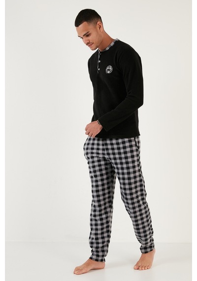 Buratti Ekoseli Regular Fit Düğmeli Bisiklet Yaka Kışlık Polar Erkek Pijama Takımı 60961002 Siyah