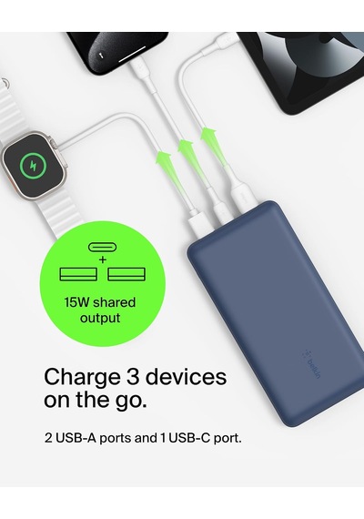 Usb C Taşınabilir Şarj Cihazı 20000 Mah, Usb Tip C Giriş Çıkış Bağlantı Noktalı 20k Güç Bankası İçin Usb C - A Kablosu Dahil 2 Usb A Bağlantı Noktası Mavi