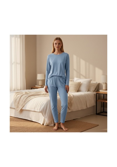 Feg Store Pamuk Bebek Mavisi Yumuşak Dokulu Uzun Kollu Kadın Pijama Takımı Mavi