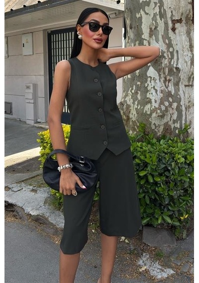 Moderie Butik Midi Şortlu Ve Yelekli Viscon Takım 10167 Çağla