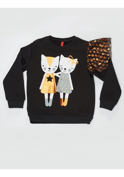 Kız Çocuk Yıldız Desenli Siyah Uzun Kollu Sweatshirt 4-10 Yaş