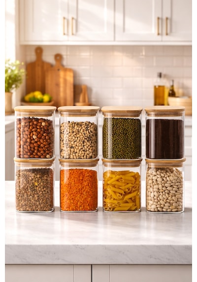 Porsima 5-4 Bambu Vakumlu Kapaklı Kare Borsilikat Cam 8li Kavanoz Seti Saklama Kabı 750ml 7,5x15cm