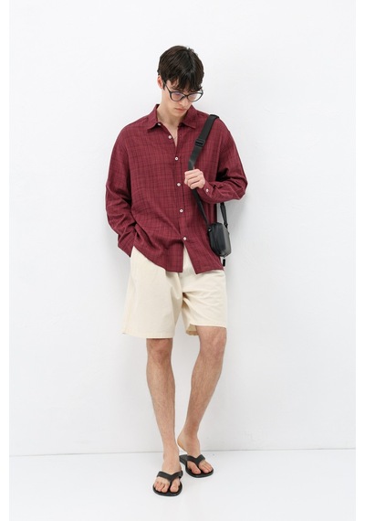 Vamos Dokulu Keten Görünümlü Oversize Gömlek Bordo