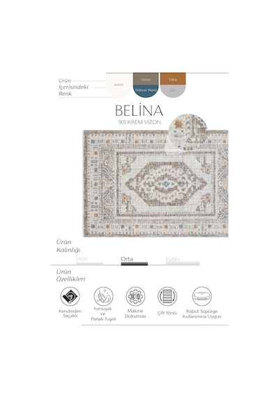 Cool Halı Belina Krem Vizon Salon Halısı Otantik Eskitme Desen Göbek Vintage Bukle Oturma Odası Halı