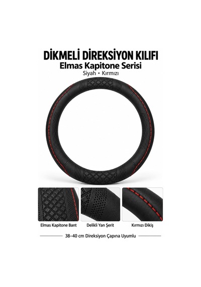 Trobus Peugeot 206 1998-2010 Uyumlu Dikmeli Direksiyon Kılıfı Elmas Kapitone Siyah Kırmızı Siyah - Kırmızı