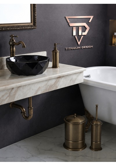 Antik Pirinç Banyo Koleksiyonu/komple Set - Siyah Geometrik Çanak Lavabo Ve Pirinç Aksesuarlar