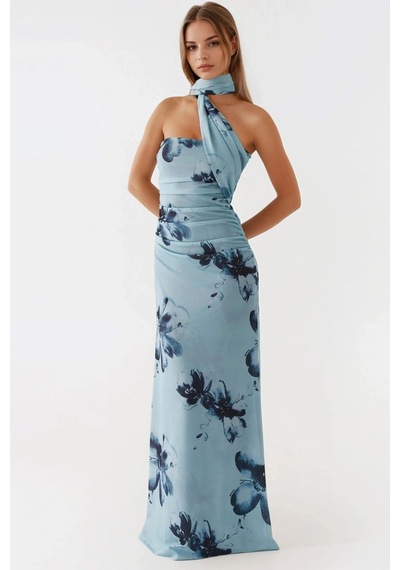 Hiccup Straplez Desenli Bodycon Maxi Tül Elbise Mavi