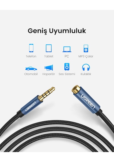 Ugreen 3.5 Mm Jack Ses Aux Örgülü Uzatma Kablosu 1 Metre, 40673