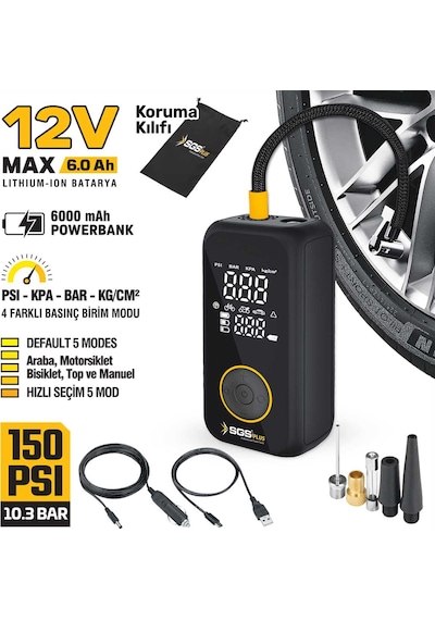 Taşınabilir Şarjlı Hava Kompresörü 6000mah Powerbank Dijital Ekranlı 150 Psı Yedek Uçlu