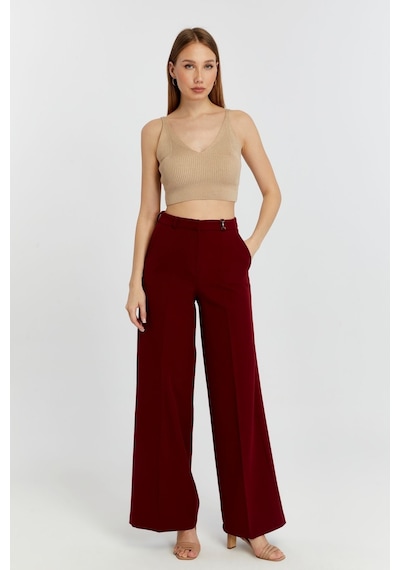 Bolivente Bordo Palazzo Geniş Paça Dokuma Kumaş Pantolon Bordo