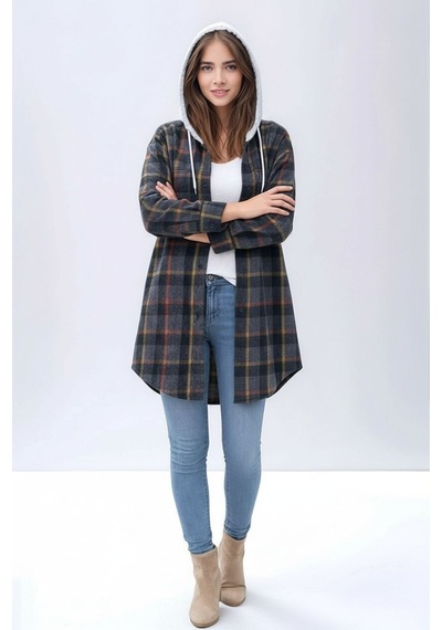 Mamayaga Kadın Desen Bloklu Oduncu Oversize Geniş Kalıp Casual Cepli Kapüşonlu Uzun Boy Ceket Gömlek Siyah