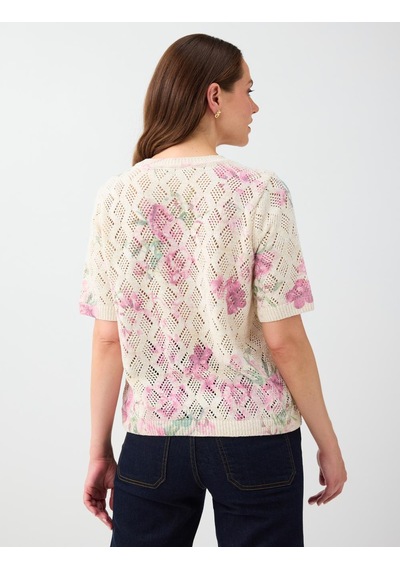 Jimmy Key Kırık Beyaz Floral Desenli Yuvarlak Yaka Kısa Kol Triko Kazak 6ww138180106