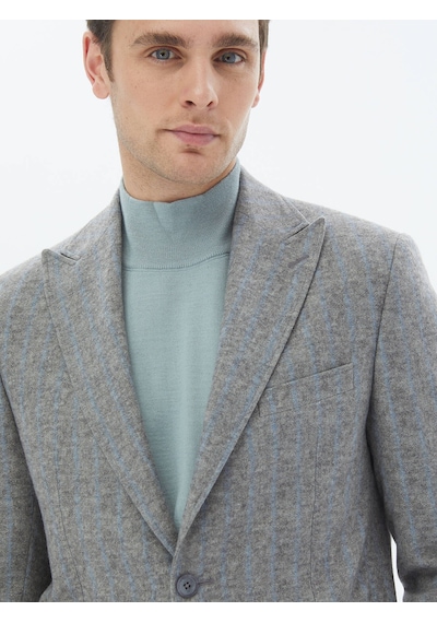 Gri Çizgili Modern Fit Yün Karışımlı Takım Elbise Gri