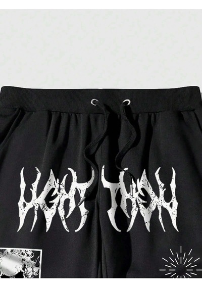Goth Guys Slogan & Skull & Spider Graphic Drawstring Waist Eşofman Altı Siyah