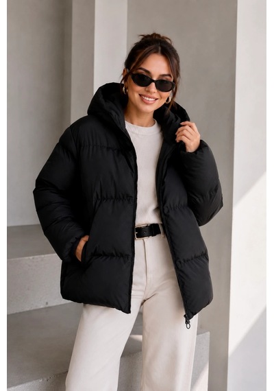 Bb Butik Basic Oversize Kapüşonlu Şişme Mont St3411 siyah
