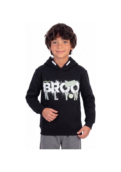 Onloox Erkek Siyah Erkek Çocuk Siyah Pamuklu Uzun Kollu Regular Kalıp Kanguru Cep Baskılı Kapüşonlu Sweatshirt 9 Yaş