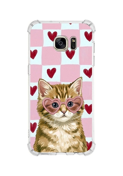 Printify Samsung Galaxy S7 Edge İle Uyumlu Pembe Pötikare Serisi Çapkın Mırnav Tasarımlı Uv Baskılı Köşe Korumalı Antişok Kılıf Şeffaf