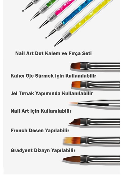 6 Adet Nail Art Fırça Seti, Çift Taraflı Akrilik Ve Nail Art Fırçası Tırnak Süsleme Desen Seti Çok Renkli