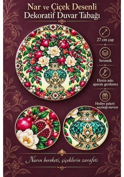 Dekoratif Duvar Tabağı - Nar Ve Çiçek Desenli 27 Cm - Dekorlu Seramik Tabak