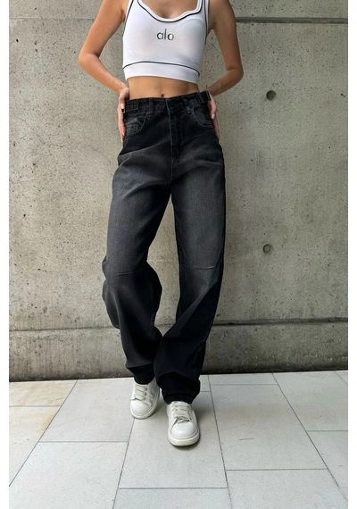 Siyah Premium Ayarlanabilir Yan Kemer Tokalı Baggy Jeans Siyah Yıkamalı