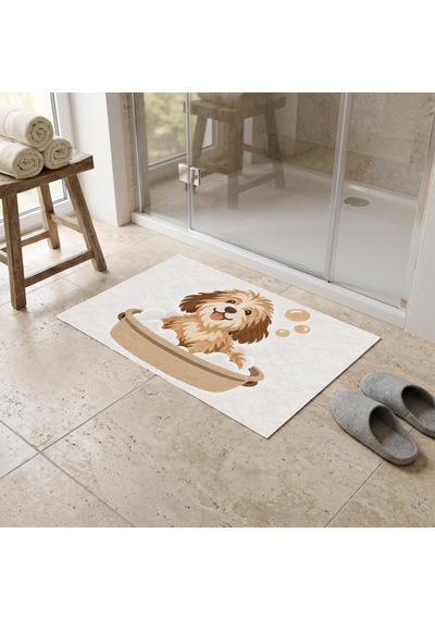 Kartela Halı Köpek Desenli Banyo Paspası Açık Gri Kaymaz Taban Makinede Yıkanabilir 40x60 Cm