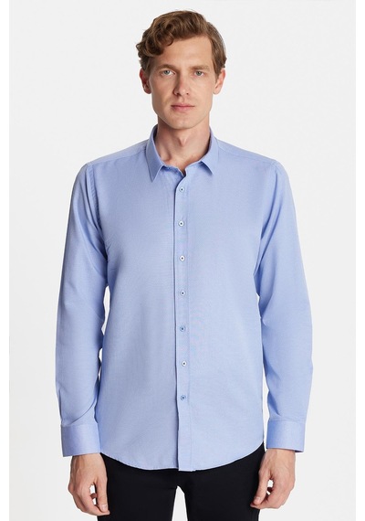 Tudors Modern Slim Fit Uzun Kollu Pamuklu Kolay Ütü Armürlü Mavi Erkek Gömlek-32640 Mavi