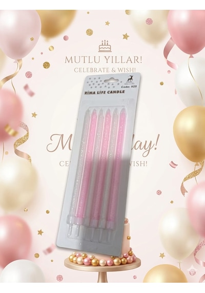 Rima Life Pembe Simli Doğum Günü Pasta Mumu, Parafin, 6'lı Paket, Kokusuz, Silindirik, Parti Dekorasyonu İçin +0