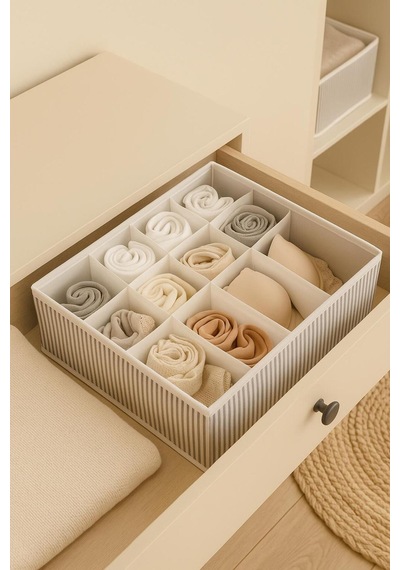 12 Bölmeli Kumaş Organizer - Çekmece İçi Düzenleyici Gri Çizgili Tekstil Hurç Polipropilen 34 X 25 Diğer
