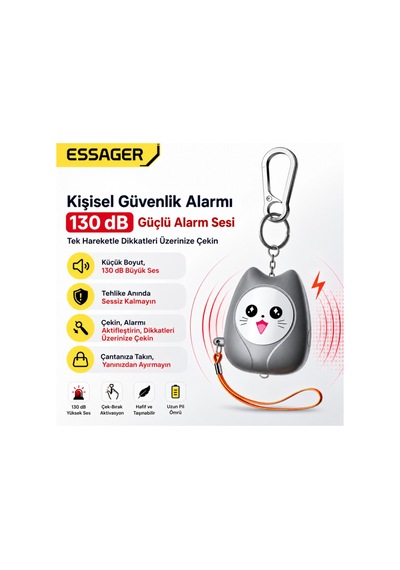 Essager 130 Db Kişisel Güvenlik Alarmı Led Fenerli, Çekmeli Acil Durum Alarmı, 450mah Şarjlı Taşınabilir Anahtarlık