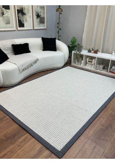 Saraz Halı Kumaş Bordür Bej Bukle Siyah Bordür Halı Salon Koridor Mutfak Çocuk Odası Halısı Kilim S263 Beyaz Gri
