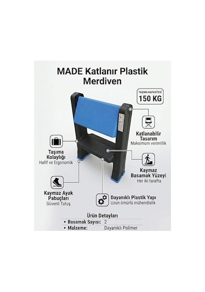 Katlanır Plastik Merdiven 2 Basamaklı - 150 Kg Taşıma Kapasiteli, Ev Ve Ofis Tipi Taşınabilir M