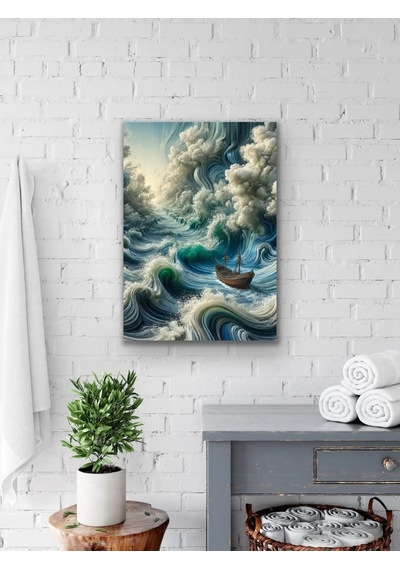 Okyanustaki Yalnız Gemi Kanvas Tablo 70x100cm Gri - Mavi