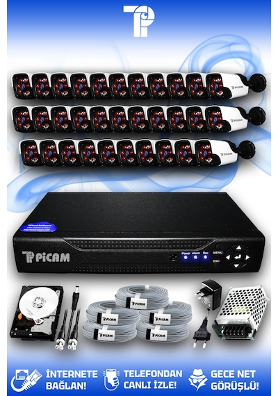 Picam 32 Kameralı Panda 32 Dış Kamera Set 100 GB HDD Full HD Gece Görüşlü Güvenlik Kamerası Sistemi