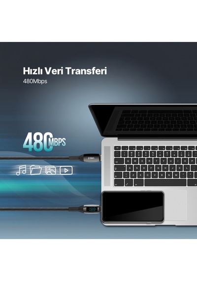 Ttec 2DK57S Alumicable Lcd USB-C – USB-C 100W PD/Qc 150 CM Hızlı Şarj/Data Kablosu Siyah