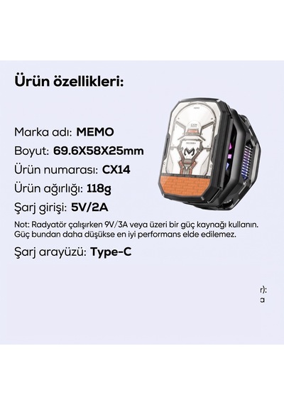 Memo Cx14 E Sporcu -15 Derece Powerbanklı Kablo Destekli Magsafe Rgb Telefon Soğutucu Fan Tablet Fan
