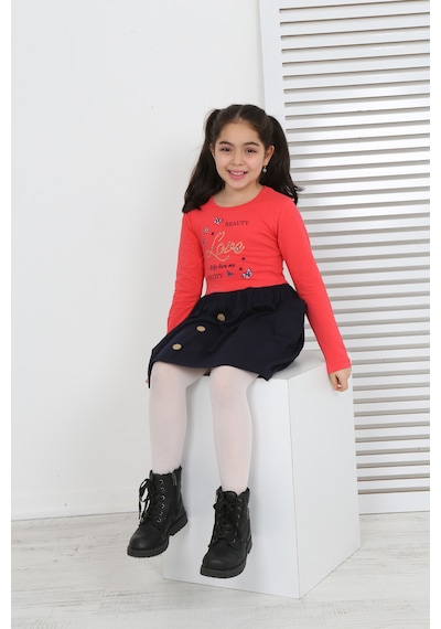 Toontoy Kız Çocuk Beauty Love Baskılı Elbise Nar Çiçeği