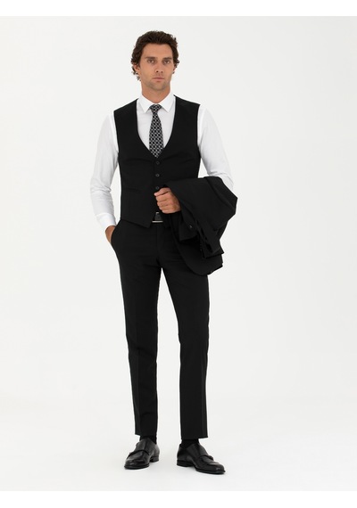 Cacharel Siyah Slim Fit Yün Karışımlı Yelekli Takım Elbise