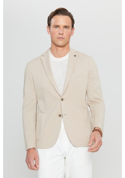 AC&Co / Altınyıldız Classics Erkek Bej Pamuklu Slim Fit Dar Kesim Armürlü Esnek Torba Cepli Blazer Ceket Bej