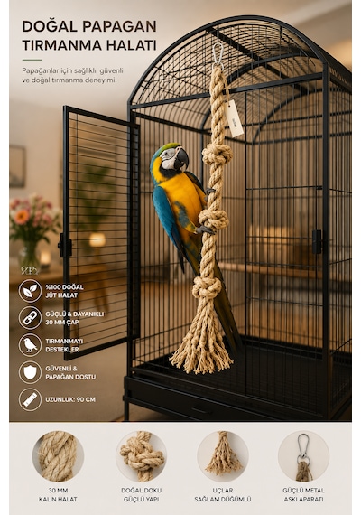 Büyük Irk Papağan Tırmanma Halatı 90 Cm Çap 30 Mm %100 Doğal Kafes Oyuncağı Stres İpi Jüt Halat Macaw Kakadu Jako Amazon Eklektus