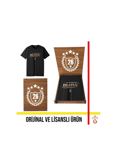 Galatasaray Lisanslı 2026 Şampiyonluk Dejavu Siyah Tişört 26 Şampiyonluk Ahşap Kutulu
