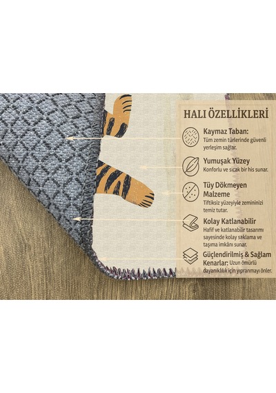 Turkıshrug Kıngdom Tatlı Ve Eğlenceli Kaplan Figürlü Çocuk Halısı, Makinede Yıkanabilir Ve Kaymaz Çok Renkli
