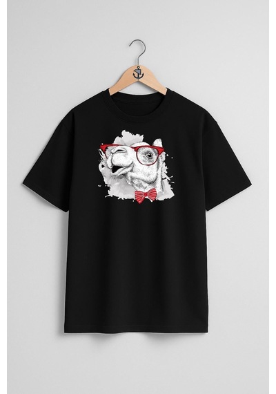 Bahriyeli Collection Oversize Komik Deve Ve Gözlük Ve Papyon Göğüs Tasarımlı Unisex T-shirt Siyah