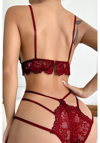 Ang Butik Kadın Bordo Dantel Cut-out Detaylı Şık Sütyen Ve Külot Takımı