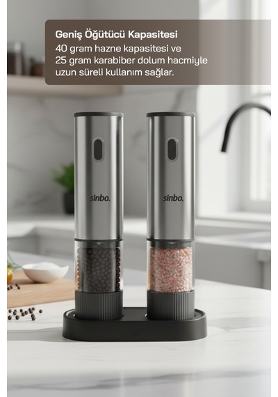 Sinbo Shb-7521 Otomatik Tuz Ve Karabiber Öğütücü Seti Standlı Type-c Şarjlı Ayarlanabilir Öğütme Inox