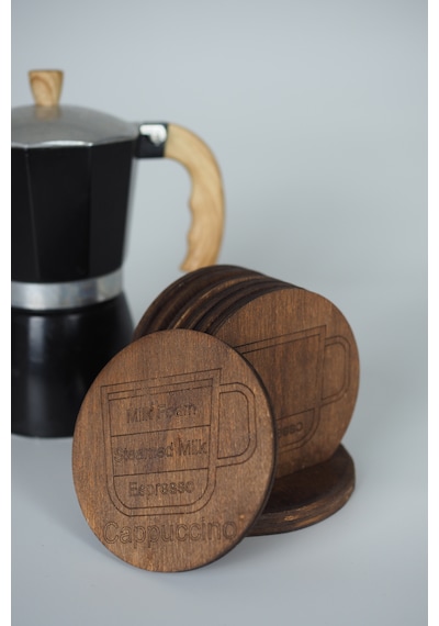 Kahve Temalı 6 Lı Ahşap Bardak Altlığı Seti Espresso/latte/cappuccino/mocha/americano/macchiato Koyu Çeviz
