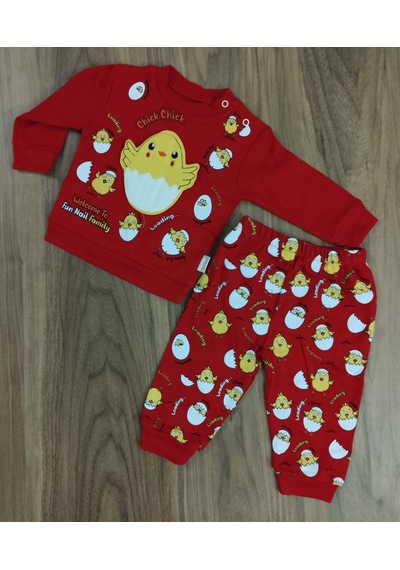 Egişbaby Kız - Erkek Bebek Civciv Desen İkili Takım Kırmızı
