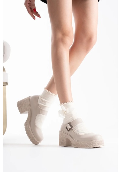 Alfaze Bej Deri Platform Taban Tokalı Topuklu Ayakkabı Topuk Boyu 6 Cm