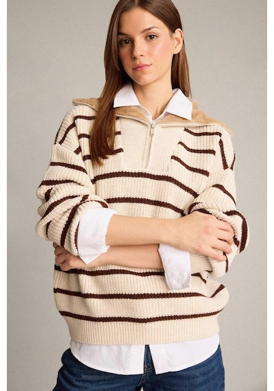 Defacto Overshirt Fit Balıkçı Yaka Yarım Fermuarlı Çizgili Pamuklu Triko Kazak G6302ax25wner105 Ekru-er105